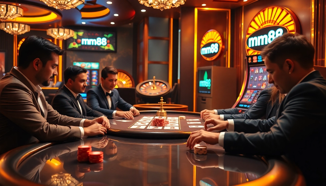 Engaged players at a mm88 poker table with vibrant chips and exciting casino ambiance.
