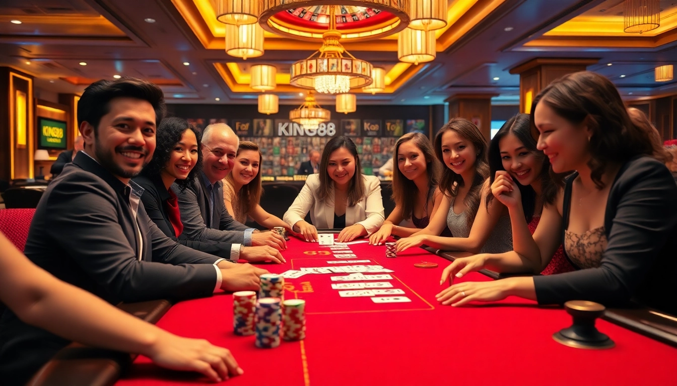 Experience the thrill of gambling at KING88 with vibrant casino tables and lively players.