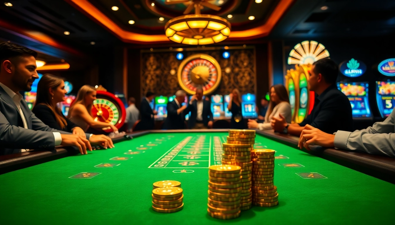 A group of players excitedly participating at a blackjack table in a luxurious rikvip casino setting.
