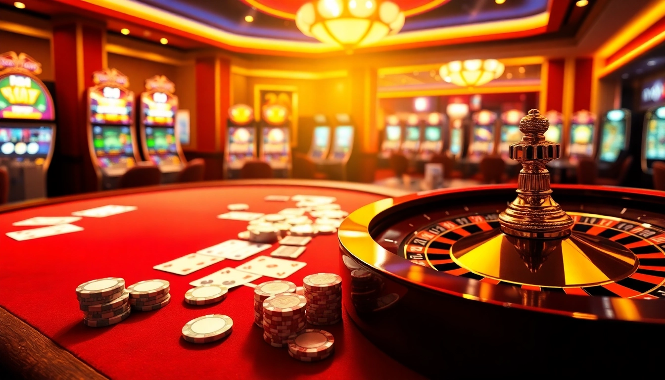 Experience the excitement of rikvip with a luxurious casino setting featuring poker chips, cards, and a roulette wheel.