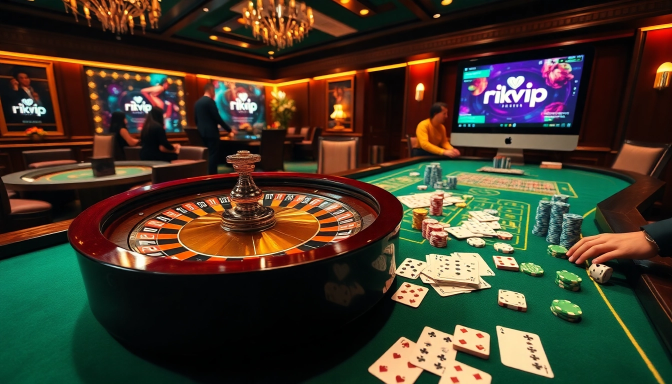 Experience the thrill of gambling at rikvip with a luxurious casino scene showcasing poker, roulette, and vibrant chips.