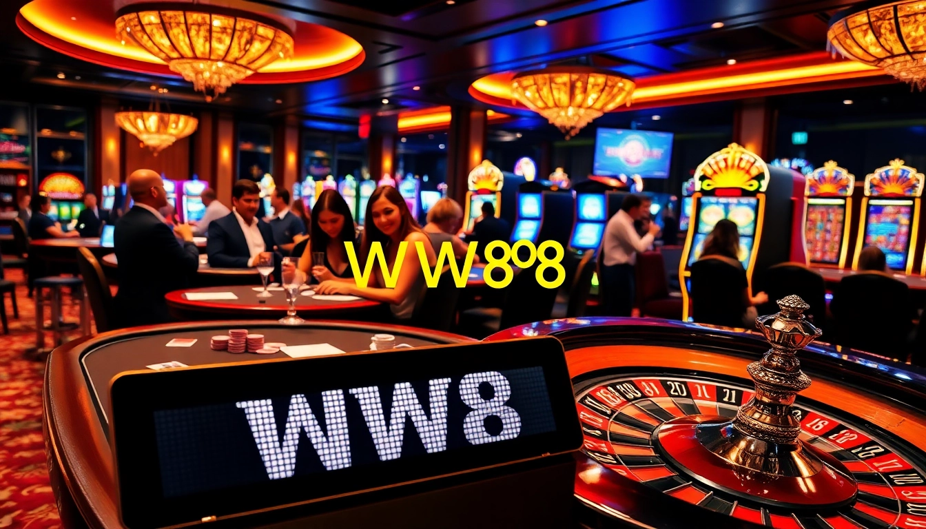 Players enjoying a thrilling game at WW88 casino, showcasing lively tables and slot machines.